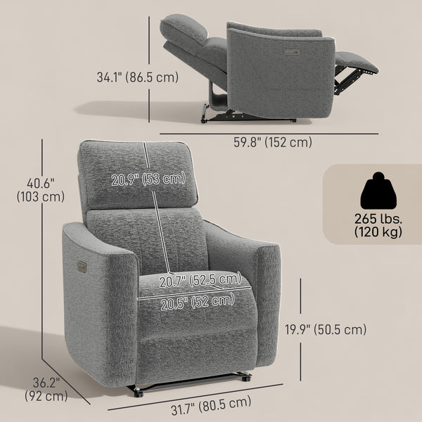 Electric reclining armchair, linen-look fabric upholstery, USB ports, footrest, dark grey