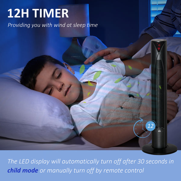 Freestanding Tower Fan with 3 Speeds, 12-Hour Timer, Oscillating, LED Sensor Panel, Remote Control, Black