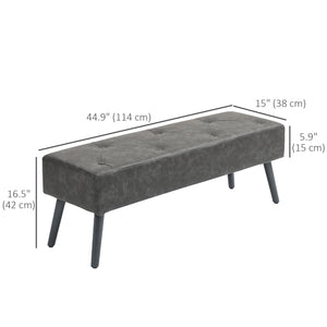 Bedroom bench with button tufting upholstered in faux leather, gray