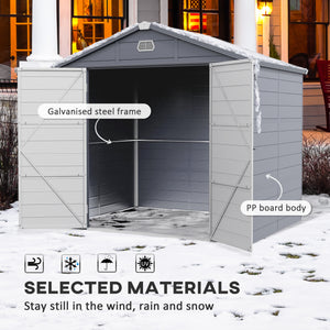 Plastic garden shed with latch door, ventilation, sloping roof, light grey