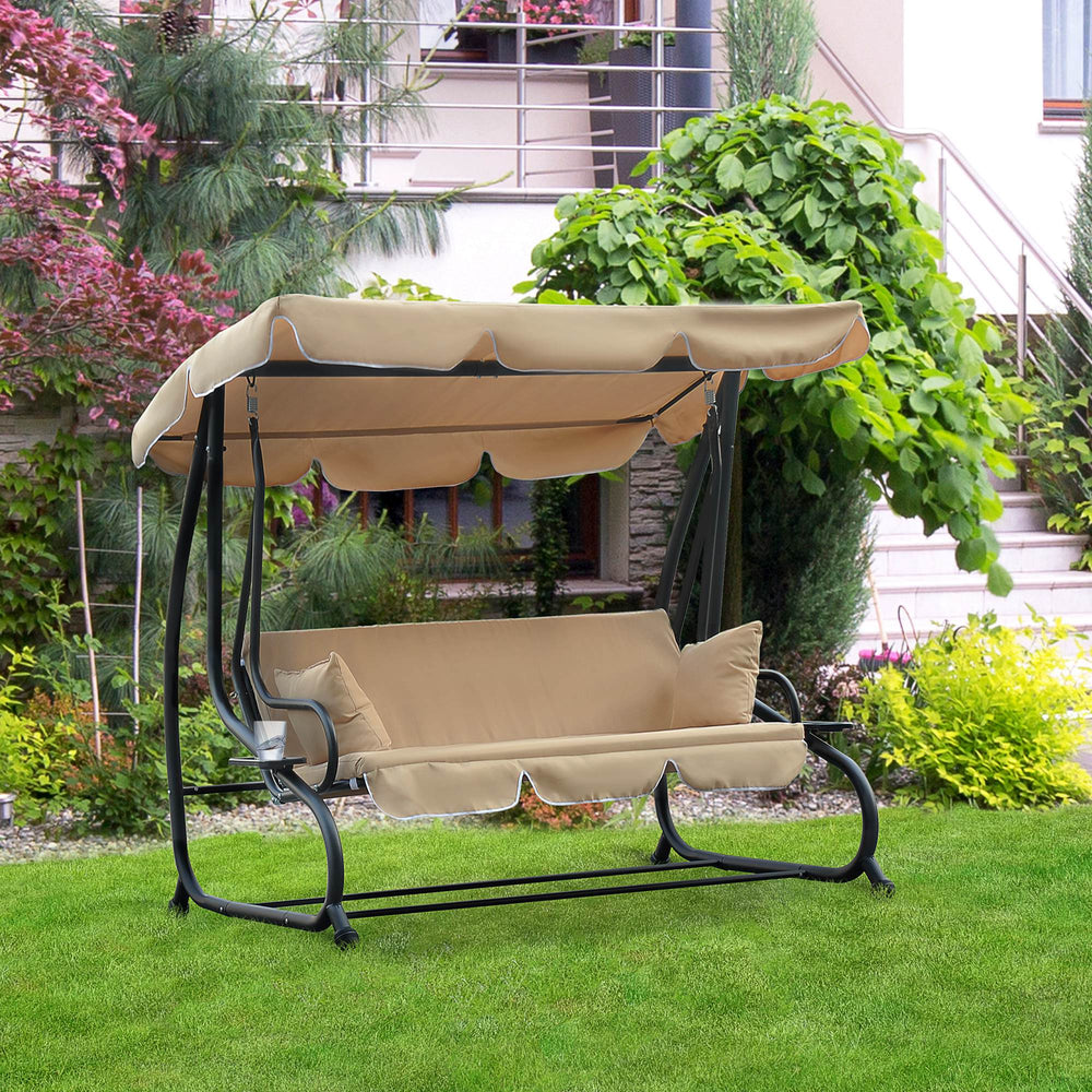 3-seater outdoor swing, convertible into a bed, removable cushions and cup holder, beige