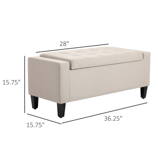 Upholstered storage ottoman bench in linen-feel fabric with folding top, beige
