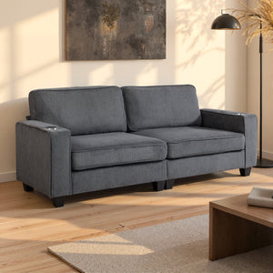 3-seater fabric sofa with spring cushions and cup holders, dark grey