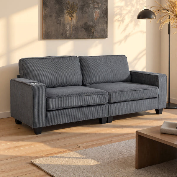 3-seater fabric sofa with spring cushions and cup holders, dark grey