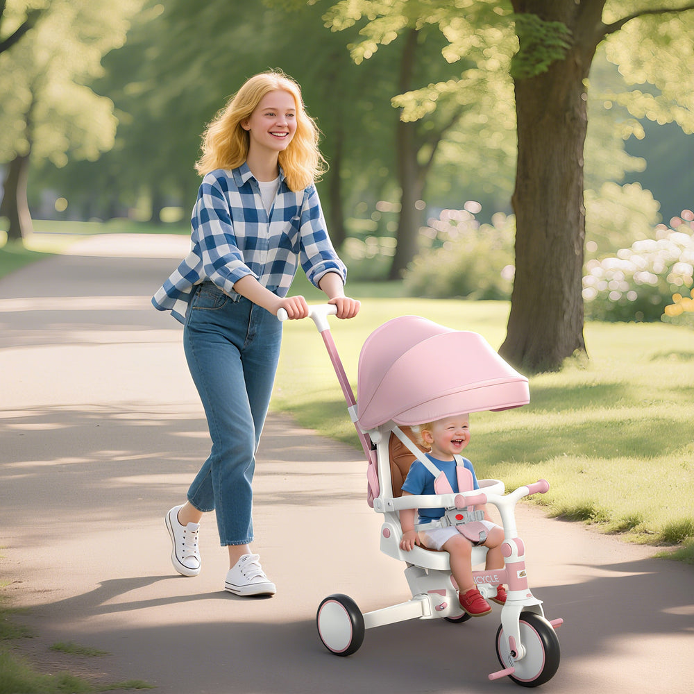 7 in 1 Tricycle with Safety Harness, Adjustable and Removable Parental Handle, Pink