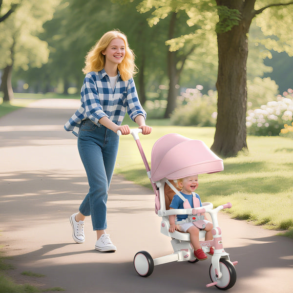 7 in 1 Tricycle with Safety Harness, Adjustable and Removable Parental Handle, Pink