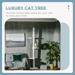 Ceiling-High Cat Tree with Scratching Posts, Cloud-Shaped Platforms, Hanging Balls, White
