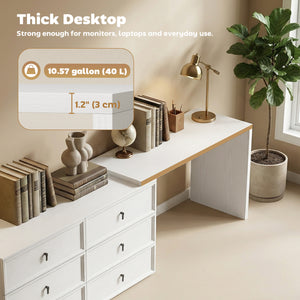 Convertible L-shaped or straight computer desk with 6 drawers and double storage – White wood-effect
