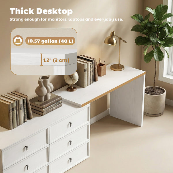 Convertible L-shaped or straight computer desk with 6 drawers and double storage – White wood-effect
