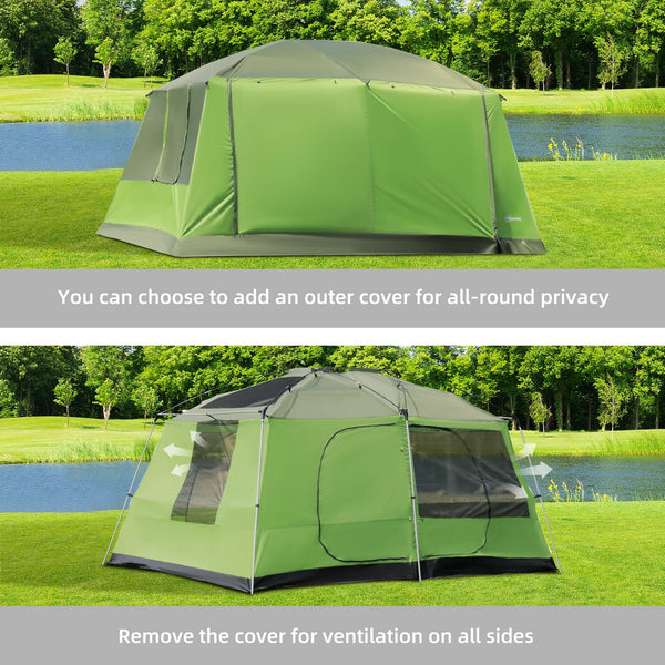 Tunnel Tent with Porch, Two Rooms, Lamp Hook, Portable Carry Bag, Green