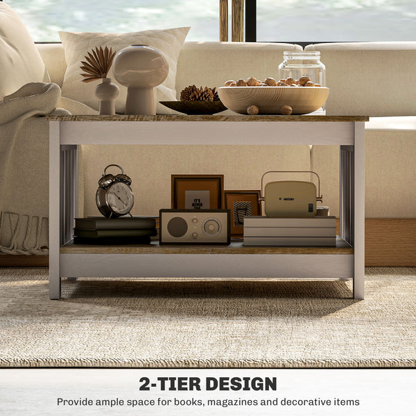 Farmhouse Style Two-Tier Square Coffee Table, Weathered Oak and Brown