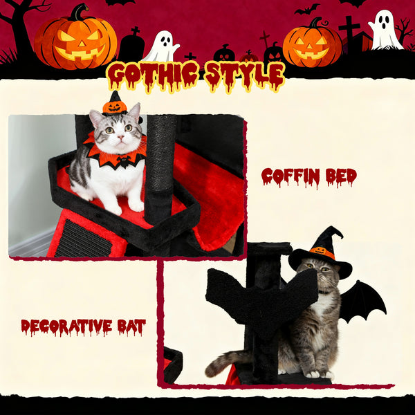 60" Tall Gothic Cat Tree with Coffin Bed, Scratching Posts &amp; Sisal Ramp, Black