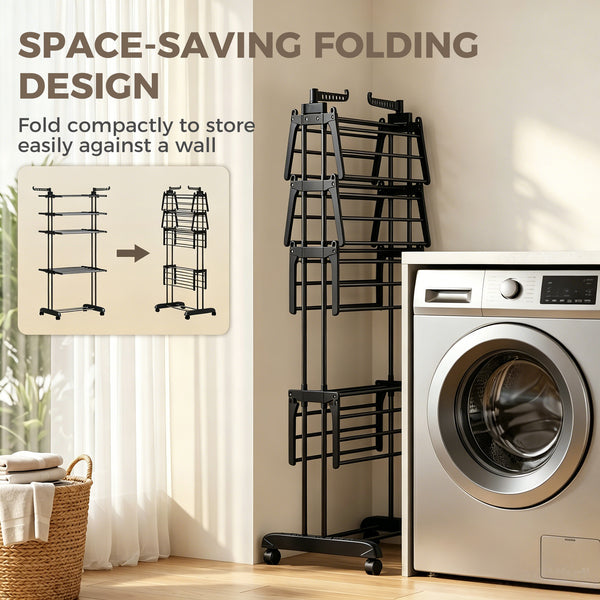 5-tier foldable clothes drying rack on wheels, black