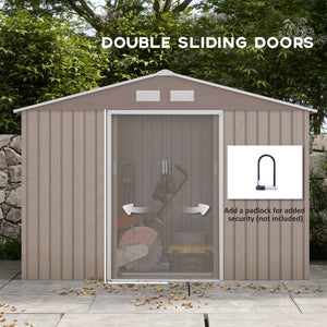 Garden shed with foundation kit and double door, aged light brown color