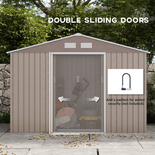 Garden shed with foundation kit and double door, aged light brown color