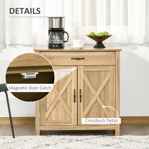Farmhouse style sideboard with barn-style sliding doors, aged brown