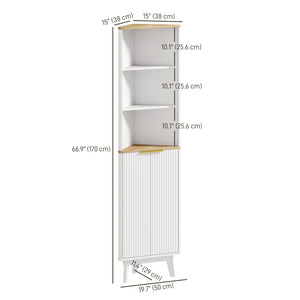 Bathroom cabinet 170 cm high, narrow storage unit with curved profile and adjustable shelves, white