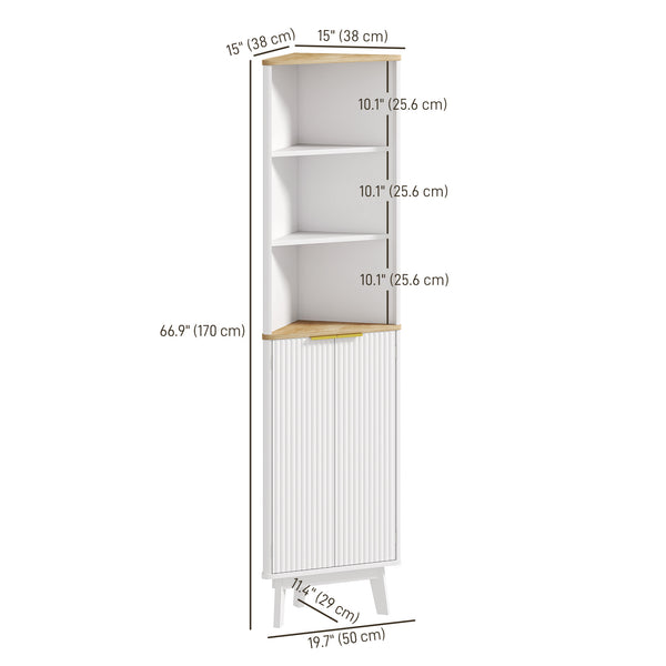 Bathroom cabinet 170 cm high, narrow storage unit with curved profile and adjustable shelves, white