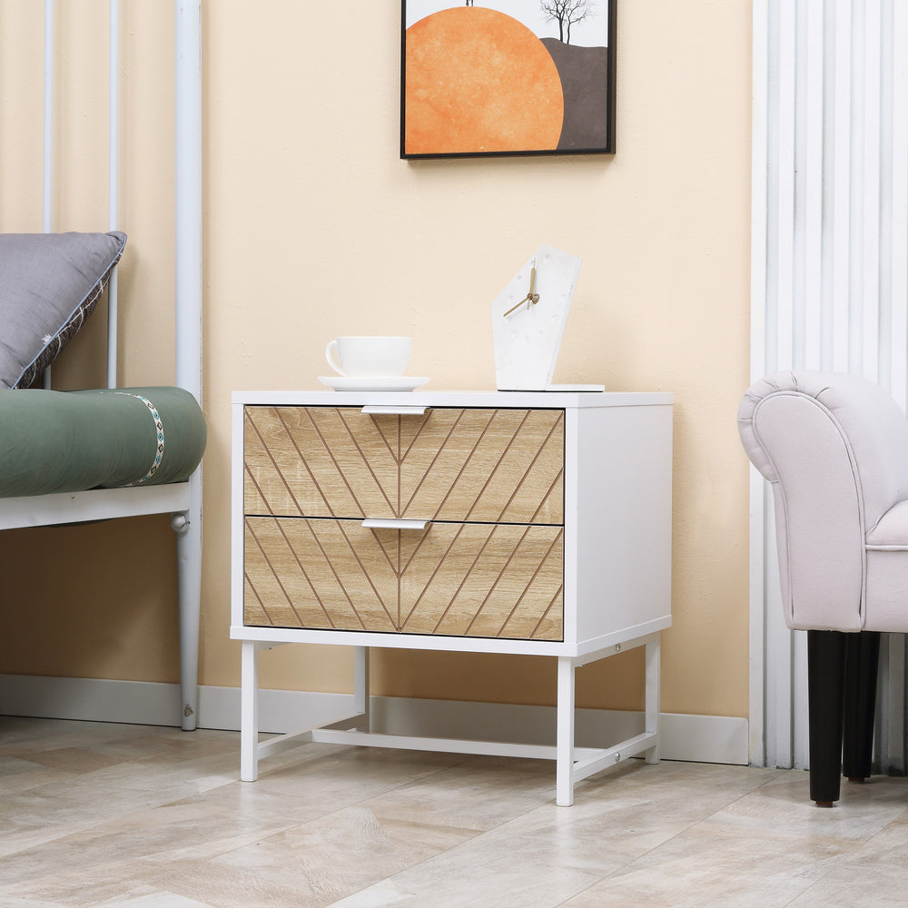 Modern bedside table with 2 drawers and steel structure, white and oak