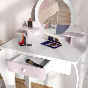 Dressing table with stool, mirror, drawer and storage boxes, rabbit motif, white