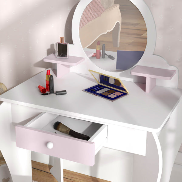Dressing table with stool, mirror, drawer and storage boxes, rabbit motif, white