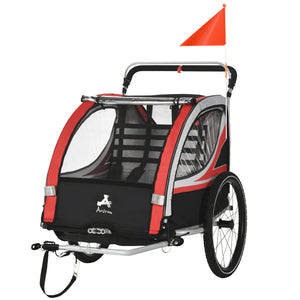 3-in-1 2-seater bike trailer with 5-point harness, red