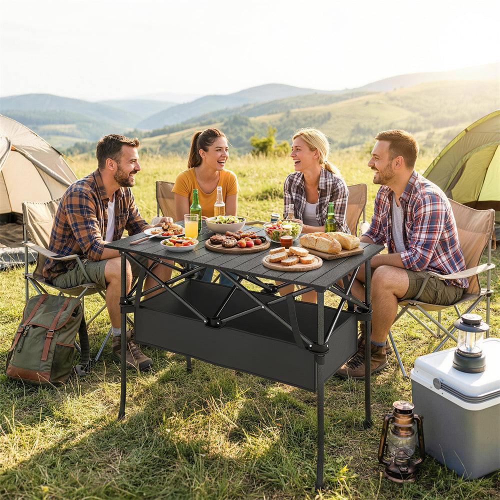 Folding camping table with storage net, carry bag and metal frame, black