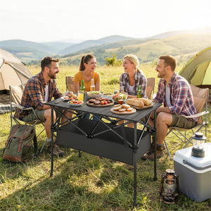 Folding camping table with storage net, carry bag and metal frame, black