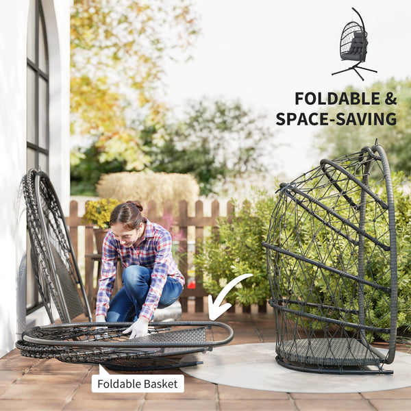 Egg hanging chair with stand, foldable braided rattan swing with thick cushion and safety rope, grey