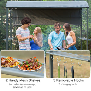Barbecue gazebo with metal frame, 2 shelves and 5 hooks, grey