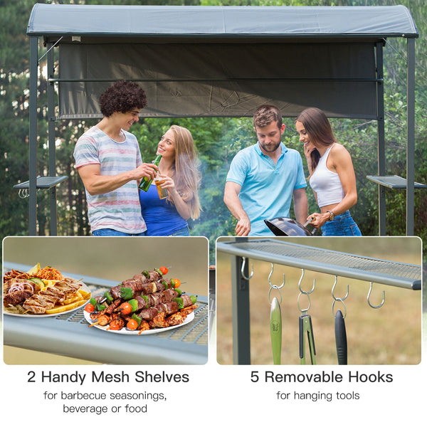 Barbecue gazebo with metal frame, 2 shelves and 5 hooks, grey