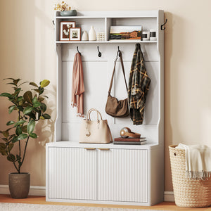 4-in-1 coat rack with integrated shoe bench and open shelf for entryway, white