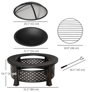 Outdoor Fire Pit with Grill, Mesh Lid, Poker, for Camping, Bonfire, Picnic, Bronze