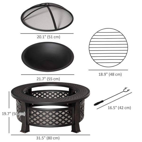 Outdoor Fire Pit with Grill, Mesh Lid, Poker, for Camping, Bonfire, Picnic, Bronze