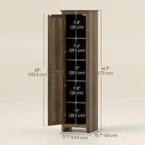 Tall storage cabinet with barn door and adjustable shelves, brown