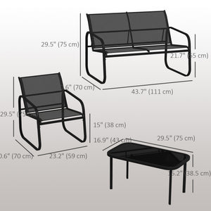 4-piece patio furniture set with 2 loveseats, 2 armchairs, and a glass-top table, black