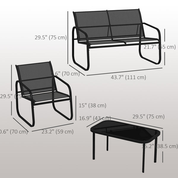 4-piece patio furniture set with 2 loveseats, 2 armchairs, and a glass-top table, black