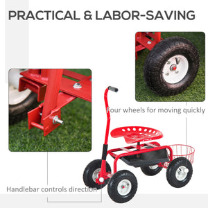 Red and black rolling trolley with swivel and adjustable seat