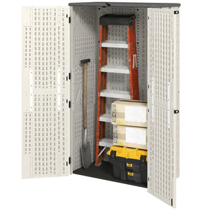 Outdoor storage cabinet with hinged lid and lockable doors