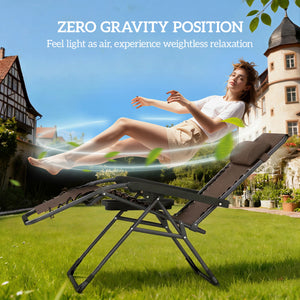 Set of 2 Zero Gravity Outdoor Lounge Chairs, Folding and Reclining, with Cup Holder and Headrest, Brown