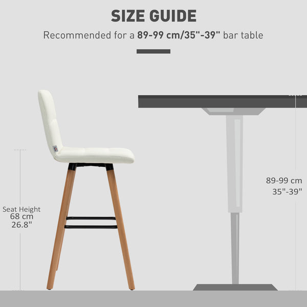 Set of 2 padded bar stools with solid wood legs, white