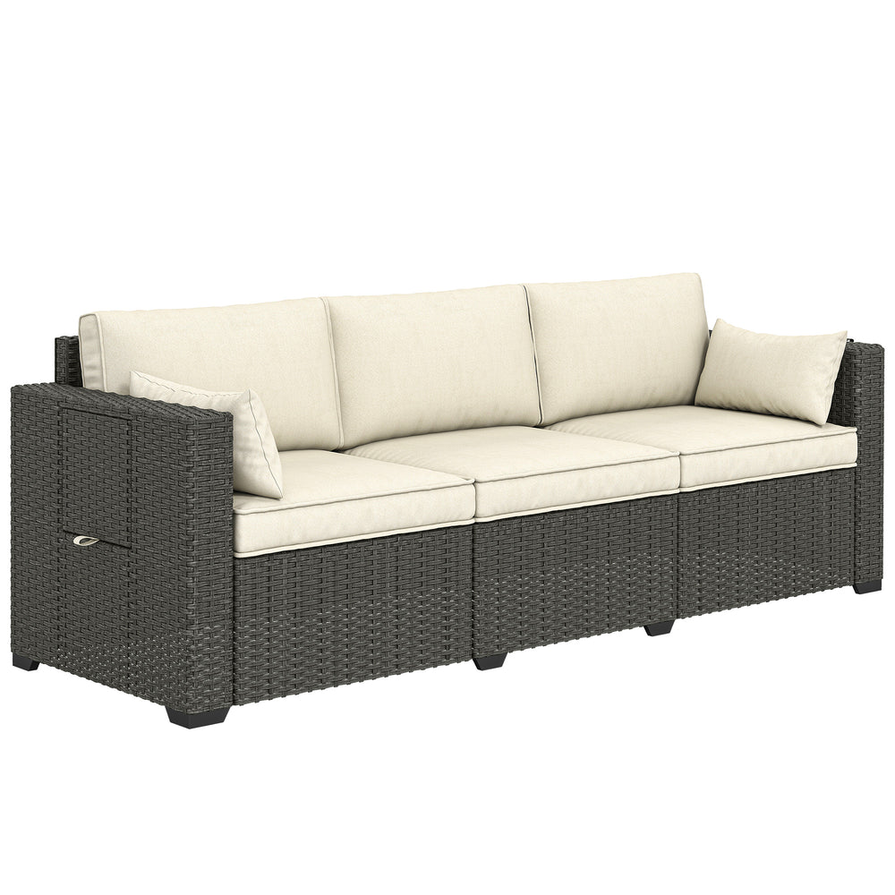 3 Seater Wicker Patio Sofa with Side Trays, Outdoor Couch with 6" Thick Back Cushions, Deep Seating, Cream White