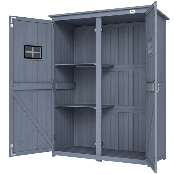 Wooden garden shed for tools with windows and double door, dark grey