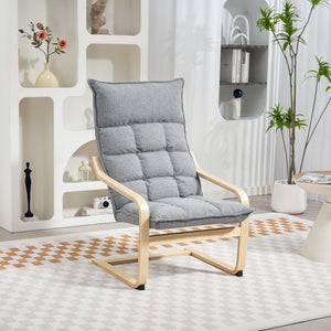Modern upholstered armchair with curved legs and armrests, light grey