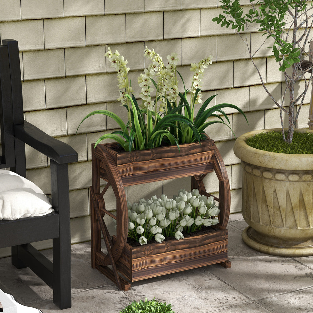 Two-tier wooden planter in the shape of a cart