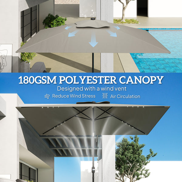 9.7-foot parasol with 22 solar LED lights and tilt function, light gray 