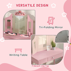 Dressing table with removable tri-fold mirror and drawer, pink