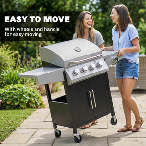 4+1 burner propane gas barbecue with side burner, warming rack and side shelf.