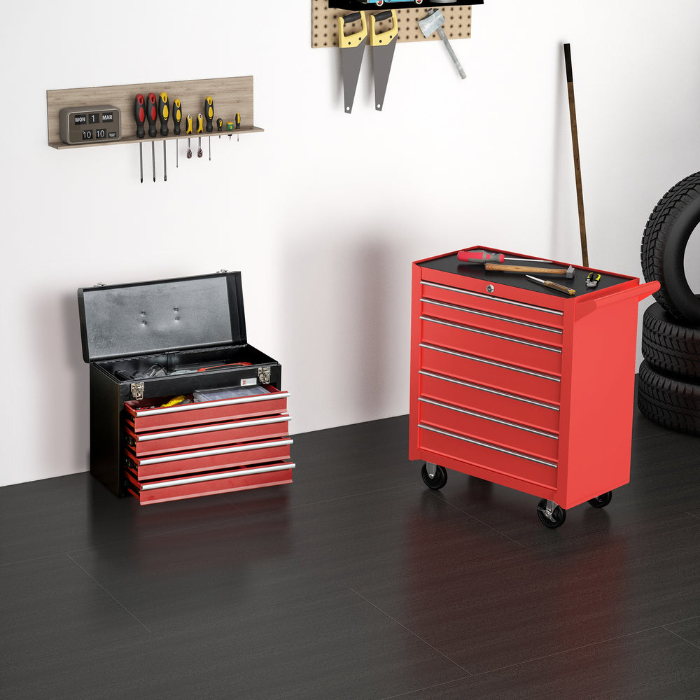 Lockable tool chest (2-piece set): 7-drawer cabinet, 4-drawer tool chest with handle, red
