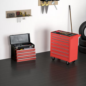Lockable tool chest (2-piece set): 7-drawer cabinet, 4-drawer tool chest with handle, red
